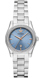 Emporio Armani Federica Three-Hand Date Blue Dial Silver Steel Strap Watch For Women - AR11593