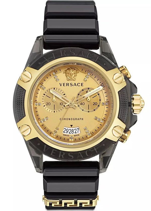 Versace Icon Active Chrono Gold Dial Black Silicone Strap Unisex Watch - VEZ701623